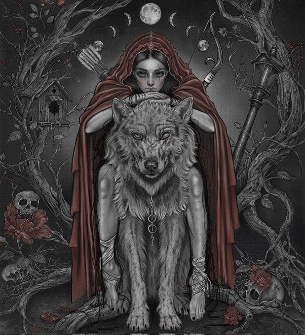A dark, mystical illustration features a hooded figure in a crimson cloak embracing a large wolf, surrounded by moon phases, skeletal remains, gnarled trees, and blooming roses. The haunting artwork pairs with "What the Forest Kept," a piece live on @TransientLabs, evoking themes of mysticism and the untamed wilderness reminiscent of a Red Riding Hood archetype reimagined through a gothic, ethereal lens.