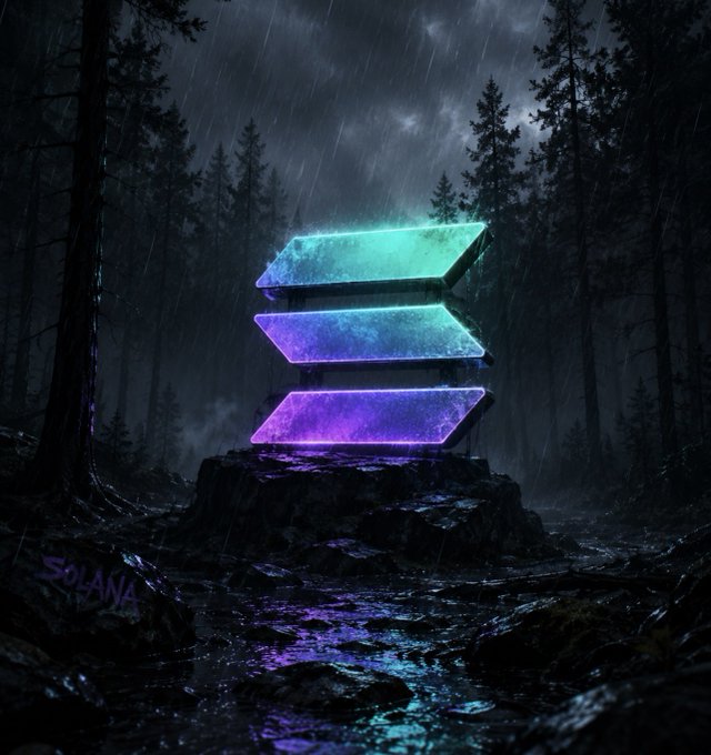 A glowing Solana logo hovers above a stone pedestal in a dark, rainy forest, with purple text reading 'SOLANA' visible in the lower-left corner.