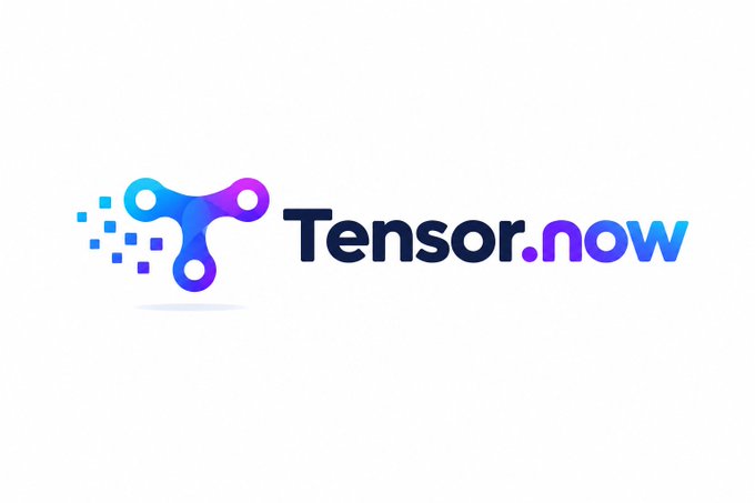 Logo for "Tensor.now" featuring a blue-to-purple gradient triangular emblem with pixelated trails beside the brand name.