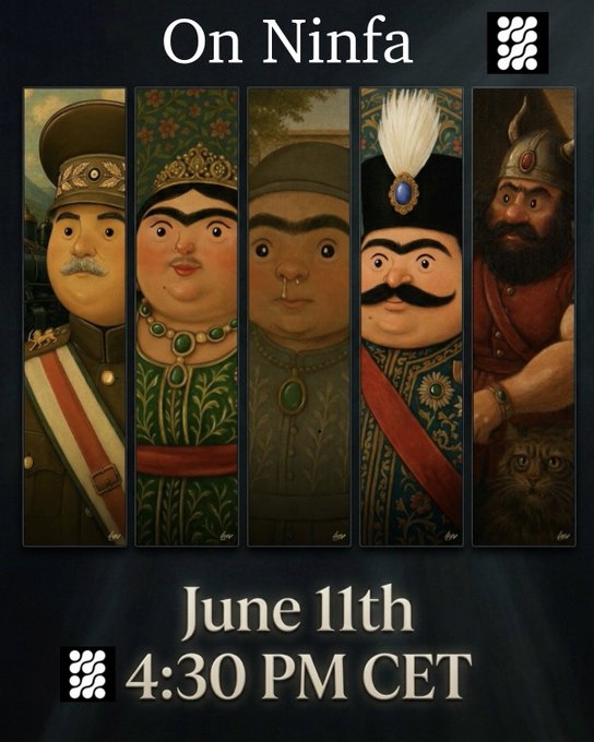 The image features a poster for an art show called "On Nifa", which appears to be a collection of paintings by a female artist named Volu-Reza. The poster includes five different paintings, each depicting a man wearing a crown or a headdress with a flower on it. The text at the bottom of the poster indicates that this event is happening on June 11th from 4:30 PM to 6:00 PM.
