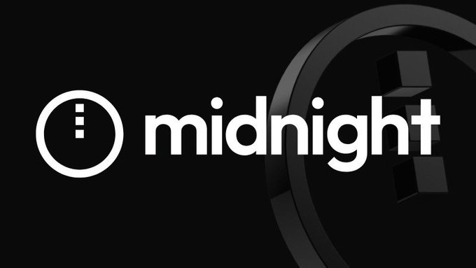 The image displays the Midnight network logo on a black background, featuring a white circular clock icon with three dots beside the word "midnight" in white lowercase text. The three dots on the clock face visually represent the three core freedoms—association, commerce, and expression—as highlighted in the accompanying post about the Midnight blockchain network.
