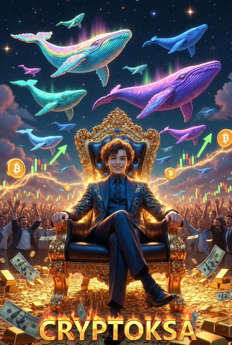 A vibrant digital illustration titled 'CRYPTOKSA' featuring a young man in a suit seated on an ornate golden throne, surrounded by flying whales, cheering crowds, and cryptocurrency symbols with rising Bitcoin charts.