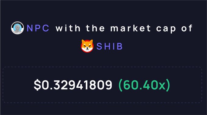 A graphic displaying "NPC with the market cap of 🐕SHIB" at a price of "$0.32941809 (60.40x)".