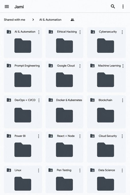 A screenshot of a Google Drive folder labeled "Jami" displays a collection of course folders under "AI & Automation," including AI & Automation, Prompt Engineering, Machine Learning, and Data Science, aligning with the giveaway post's promise of free paid courses.