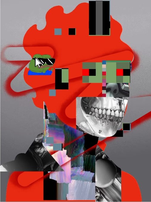 A digital art collage featuring a skull with red flame-like shapes, a Pepe frog wearing sunglasses, a red-crowned figure, and abstract digital artifacts layered over a gray background.