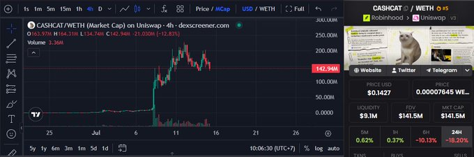 A TradingView 4-hour chart of the CASHCAT/WETH pair on Uniswap showing a recent sharp rally from July that peaked around $196M before pulling back to $142.94M, paired with DEX Screener stats displaying $141.5M FDV, $141.5M market cap, and 24H volume down 18.20%. The chart visually supports the post's concern that CASHCAT, a Robinhood trend leader, has retraced significantly and may need to fall further to ~90M before being worth considering again, as the current price action suggests a risky entry point.
