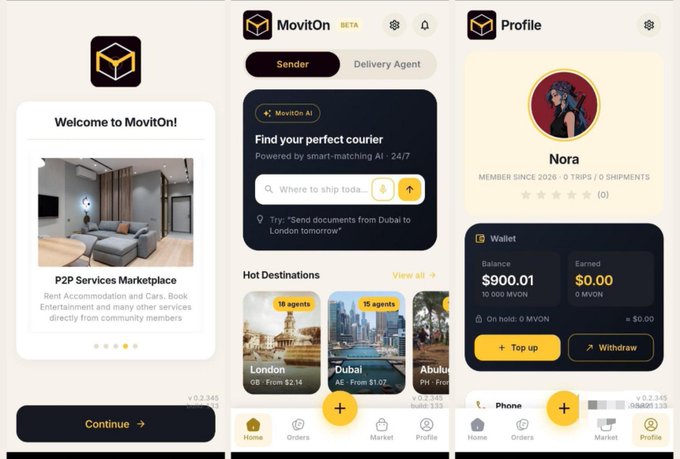 Screenshots of the MovitOn app showing a P2P services marketplace, courier search AI, hot destinations (London, Dubai, Abuja), and a user profile named Nora with a $900.01 wallet balance.