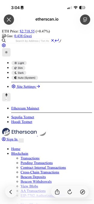 A mobile screenshot of the Etherscan.io website menu showing ETH price at $2,718.55 (+0.47%), gas at 0.438 Gwei, and network options including Ethereum Mainnet, Sepolia Testnet, and Hoodi Testnet.