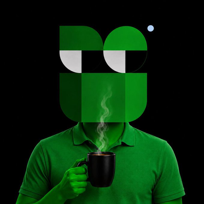 A creative green-tinted image of a person in a polo shirt holding a steaming black mug, where their head is replaced by an abstract geometric logo in green, white, and black.