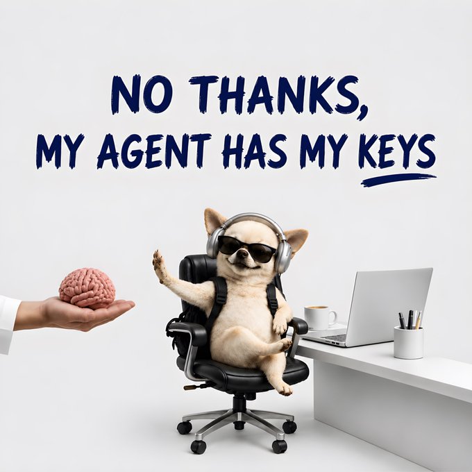 A humorous image of a small Chihuahua wearing sunglasses and headphones sitting in an office chair at a desk with a laptop, refusing a brain being offered by a hand, with the text 'NO THANKS, MY AGENT HAS MY KEYS'.