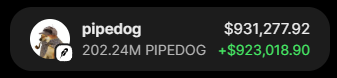 A profile card displays the user "pipedog" with a balance of 202.24M PIPEDOG tokens valued at $931,277.92, showing a gain of $923,018.90. The image showcases the large token holdings to entice users to engage with the post offering $PIPEDOG.