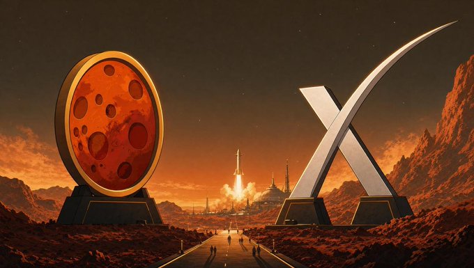 A futuristic sci-fi landscape on a red planet features two large monoliths or sculptures—one circular with crater-like patterns resembling a planet, and one X-shaped—flanking a pathway leading to a rocket launch in the distance.