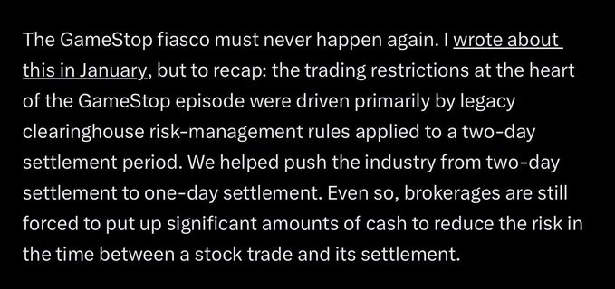 A text excerpt discussing the GameStop trading fiasco and settlement period reforms, noting the shift from two-day to one-day settlement. The reference to GameStop ties thematically to the post's "$BUY BUTTON" message and contract address, both relating to retail trading culture.