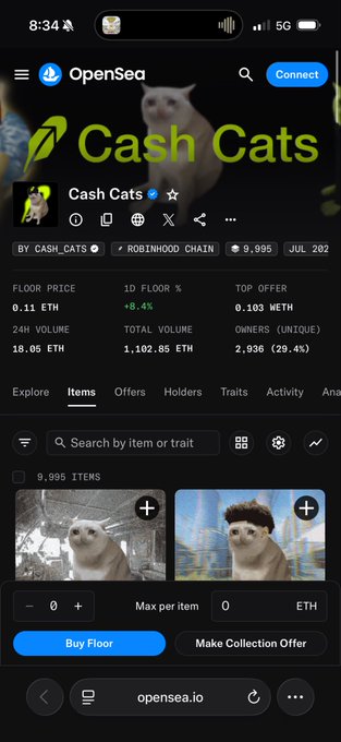 The OpenSea listing for the CashCats NFT collection on Robinhood Chain shows a floor price of 0.11 ETH with 9,995 total items available, supporting the post's claim that one can "buy 10 Eth for 0.11 Eth rn $CASHCAT" by snapping up 10 of these NFTs near the floor price.