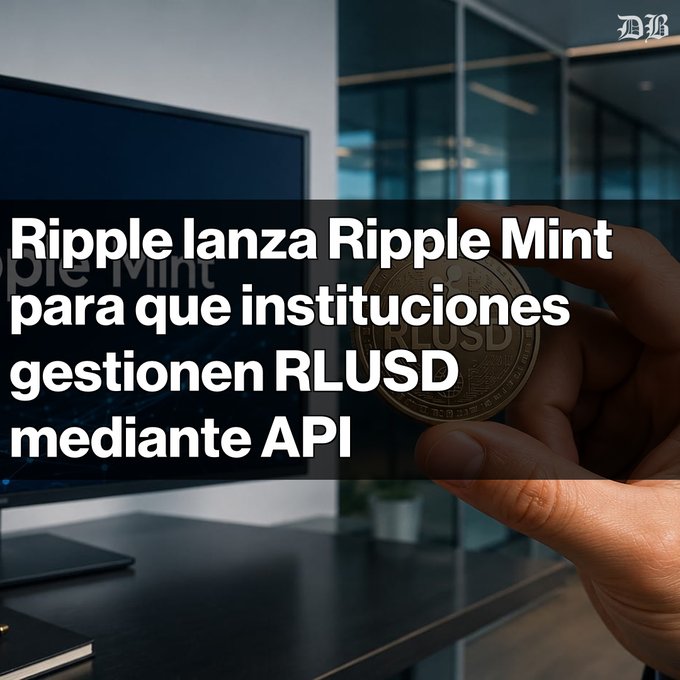 A hand holds a physical Ripple (RLUSD) stablecoin coin in front of a laptop displaying the "Ripple Mint" logo, complementing the post about Ripple launching its Ripple Mint API platform for institutional RLUSD management.