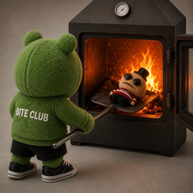 A figure in a green 'BITE CLUB' hoodie placing a creepy doll with a top hat into a burning furnace or oven.