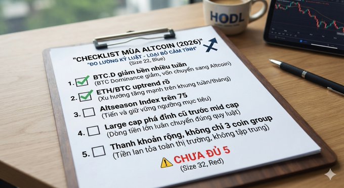 A clipboard on a wooden desk showing a "CHECKLIST MUA ALTCOIN (2026)" in Vietnamese, featuring five criteria with the first two checked off, while the fifth item is highlighted in red as "CHƯA ĐỦ 5". A mug reading "HODL" and a tablet with a candlestick chart are visible in the background.