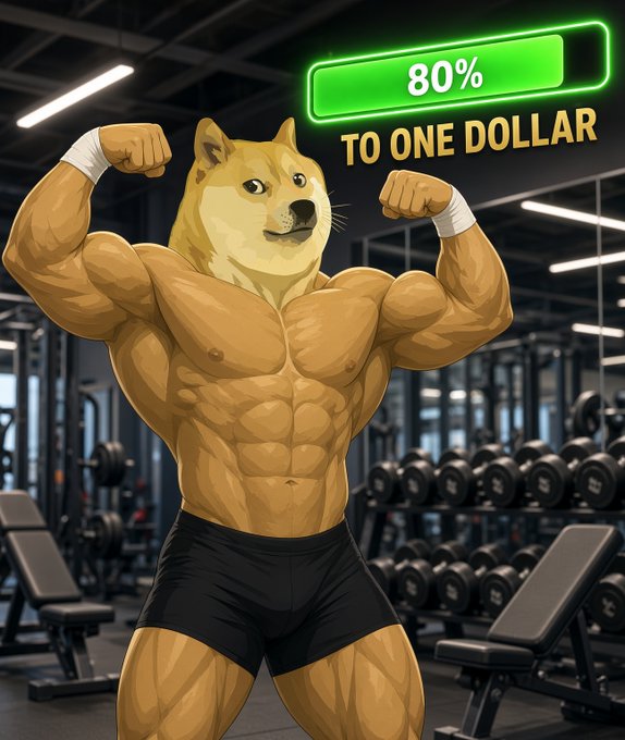 A muscular Shiba Inu bodybuilder flexes in a gym, with a green progress bar showing "80% TO ONE DOLLAR" above. The image humorously illustrates the post's message about persistent effort toward the ambitious goal of Dogecoin reaching $1.