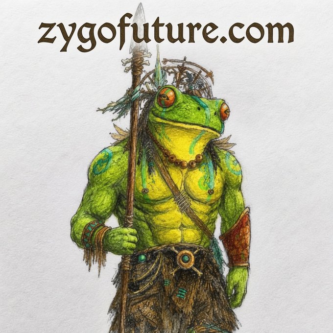 An illustrated muscular green frog warrior with red eyes holds a spear, featuring the text 'zygofuture.com' across the top.