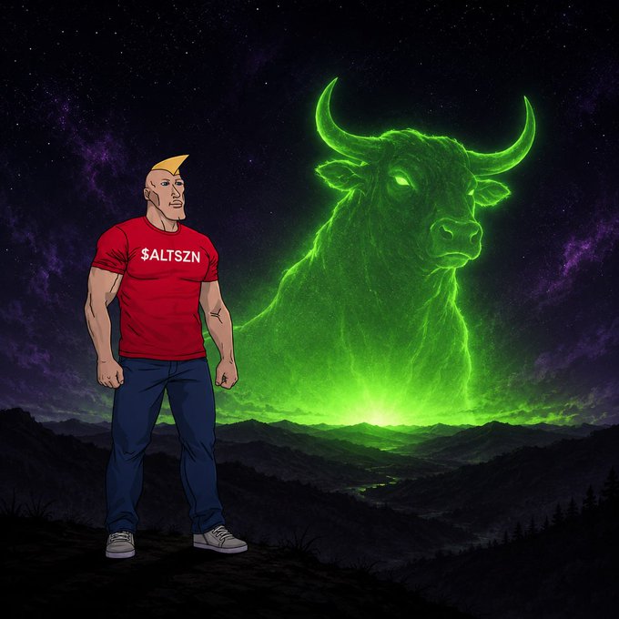 A cartoon illustration of a muscular blonde man wearing a red t-shirt with '$ALTSZN' printed on it, standing on a hill against a starry night sky with a giant glowing green bull apparition looming behind him.