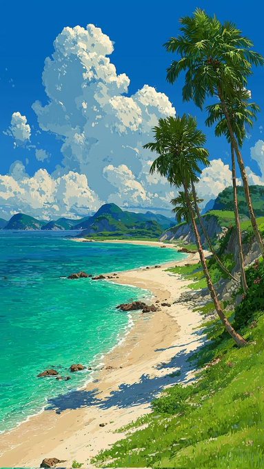Vibrant illustrated tropical beach scene featuring turquoise waters, white sand, palm trees, lush green mountains, and dramatic cumulus clouds against a bright blue sky.
