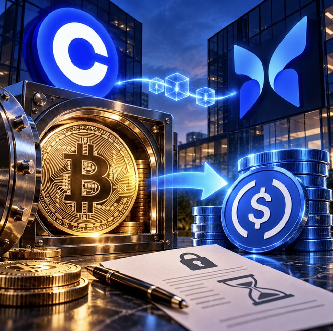 A gold Bitcoin coin secured in a vault sits beside stacks of USDC tokens, with the Coinbase logo displayed on a building in the background, visually representing Coinbase's expanded Bitcoin-backed lending service offering fixed-rate USDC loans through Morpho. A document with a lock icon in the foreground symbolizes the secured, fixed-rate nature of these loans with defined maturity dates, complementing the $1.4B variable rate loan book mentioned in the announcement.