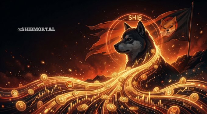 "The next $SHIB Pump" is a digital art piece featuring a large black dog with its head tilted upwards, surrounded by a stream of golden coins flowing down from above. The background is dark and features a fire-like effect that makes the coins glow in the image. The caption reads "The next $SHIB Pump will melt faces".