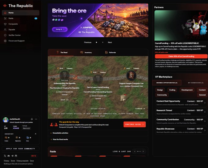 A screenshot of a website called 'The Republic' featuring a 'Bring the ore' banner for a JUNAPER campaign, showing a map and community information.