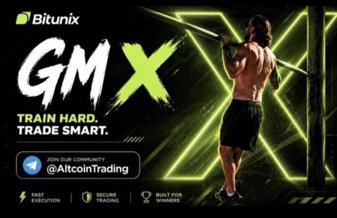 An advertisement for 'Bitunix' featuring a shirtless muscular man carrying a barbell on his shoulders, with the bold text 'GMX - TRAIN HARD. TRADE SMART.' and a prompt to 'JOIN OUR COMMUNITY @AltcoinTrading'.