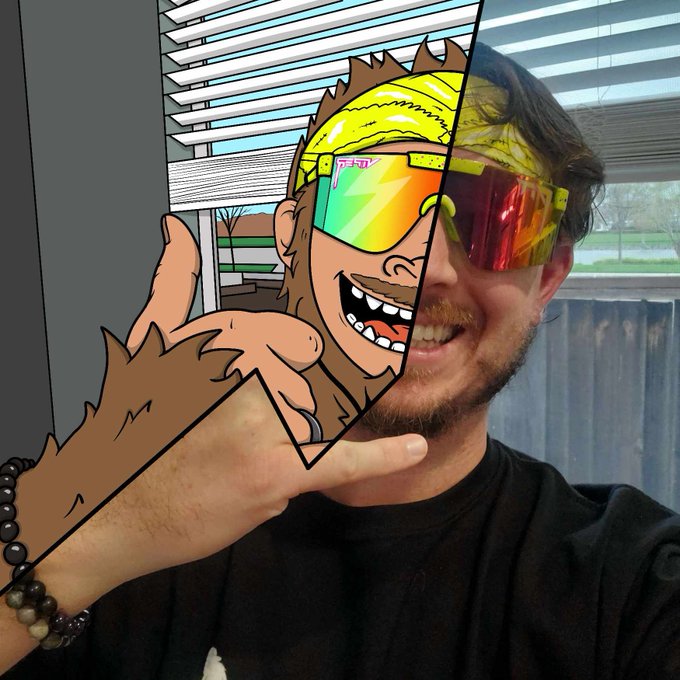 A creative split-image combining a real selfie of a man in reflective sunglasses with a cartoon sasquatch character wearing a yellow headband and similar sunglasses.