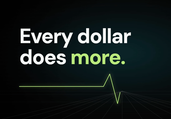 A dark graphic with bold white and green text reading "Every dollar does more," accompanied by a stylized green line chart resembling an EKG or heartbeat pattern against a perspective grid floor. The image visually reinforces the post's message about GRVT's perpetuals trading platform, emphasizing value retention and performance efficiency for traders dealing with fees and funding costs.