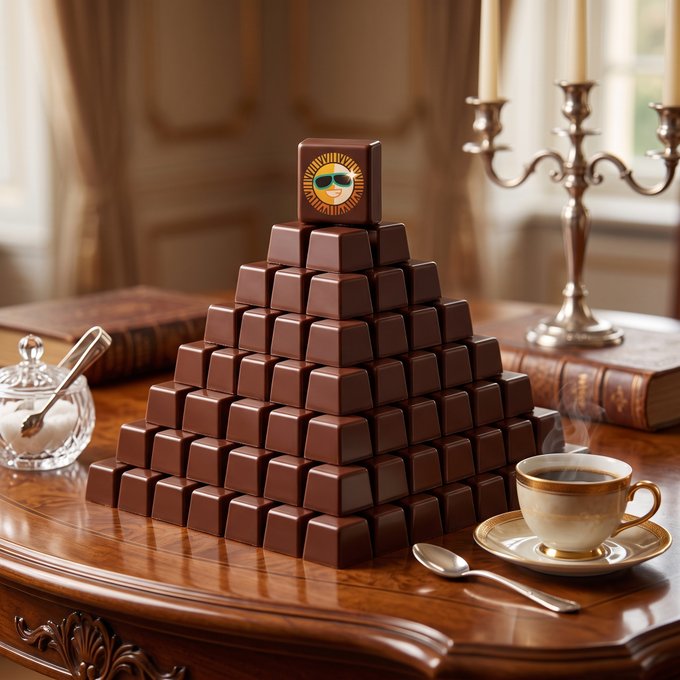 An elegant pyramid arrangement of chocolate squares sits on a wooden table alongside a teacup and candelabra, with one chocolate on top featuring a sun design with sunglasses.