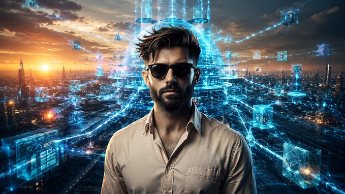 The image features a man wearing sunglasses, standing against an urban cityscape backdrop that includes buildings of various sizes and shapes. The man appears to be looking directly at the camera while wearing glasses. The caption for this image reads "Good Morning Fam One thing that stands out to me about ARC Terminal is the market they're actually going after There are a lot of AI + crypto projects right now Most are building trading agents Others are building analytics platforms with a chatbot layered on topARC is".