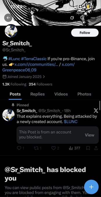 A Twitter/X profile screenshot for 'SrSmitch_' (@Sr_Smitch_) with a pinned post about $LUNC #TerraClassic, noting being attacked by a newly created account $LUNC, and showing the message '@Sr_Smitch_ has blocked you'.