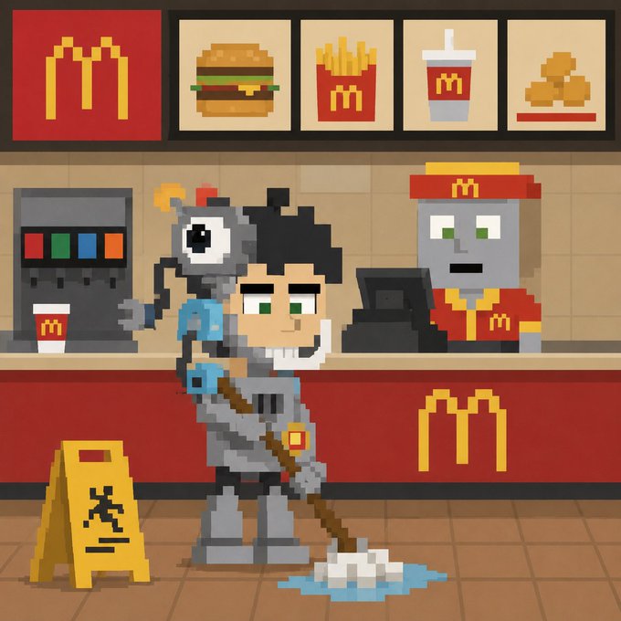 A pixel art illustration of a knight mopping the floor in a McDonald's restaurant, with the menu board and a cashier visible in the background.