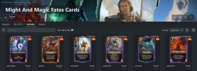 A screenshot of the OpenSea NFT marketplace showing the 'Might And Magic Fates Cards' collection, with various creature cards like 'Ghost Dragon,' 'Ignatius,' and 'Time Jump' visible.