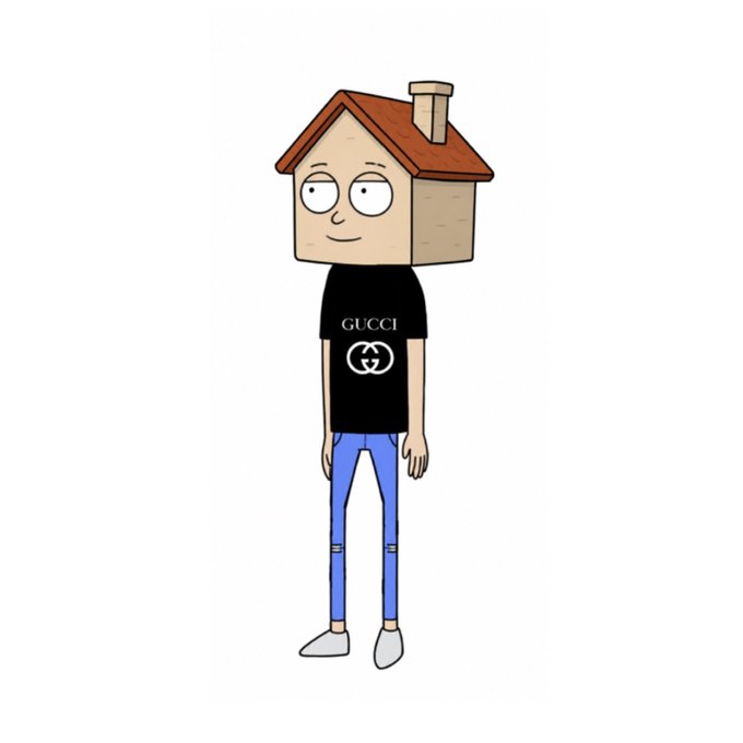 A cartoon character from Rick and Morty with a house for a head, wearing a black Gucci t-shirt and blue pants, standing against a white background.