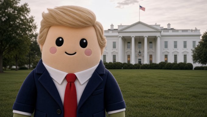 A cute plush figure of a blonde man in a navy suit and red tie stands in front of the White House, hinting at a humorous "breaking news" about $Cupsey making an appearance there.