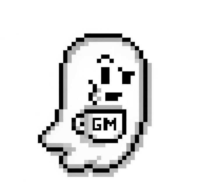 A pixel art illustration of a ghost-like character holding a mug labeled 'GM' (good morning meme).
