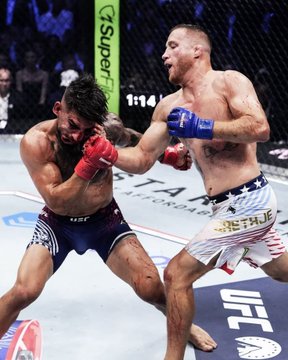 A UFC fight scene shows two bloodied fighters exchanging punches in the octagon, with the clock reading 1:14 and "Super" text visible on a sponsor banner. The accompanying post about a profitable Polymarket trader ironically contrasts the unnoticed financial success with the highly visible, brutal combat in the image, highlighting how achievement can fly under the radar regardless of intensity or scale.