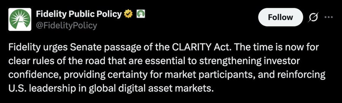 A tweet from Fidelity Public Policy (@FidelityPolicy) urging Senate passage of the CLARITY Act, emphasizing the need for clear rules to strengthen investor confidence and reinforce U.S. leadership in global digital asset markets. The accompanying post highlights Fidelity's $7 trillion asset management scale, amplifying the significance of their call for timely crypto legislation.
