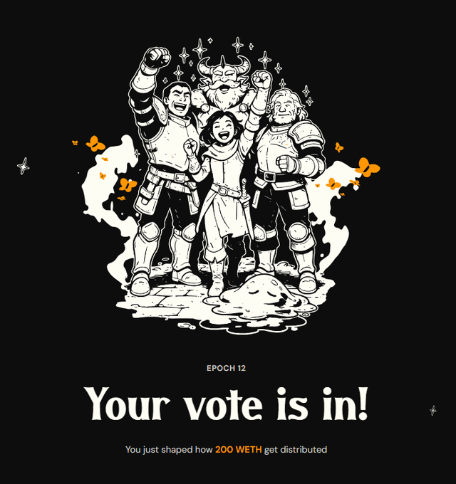 The image features a black-and-white illustration of a victorious group of armored figures and a horned warrior raising their fists in triumph, set against a black background with orange butterflies and white smoke. Below the artwork, the text reads "EPOCH 12," "Your vote is in!" and "You just shaped how 200 WETH get distributed." The post highlights how this voting imagery from @ethlabs_org emphasizes democratic participation in distributing 200 WETH, with @growthepie_eth providing the data transparency to verify each vote's impact.