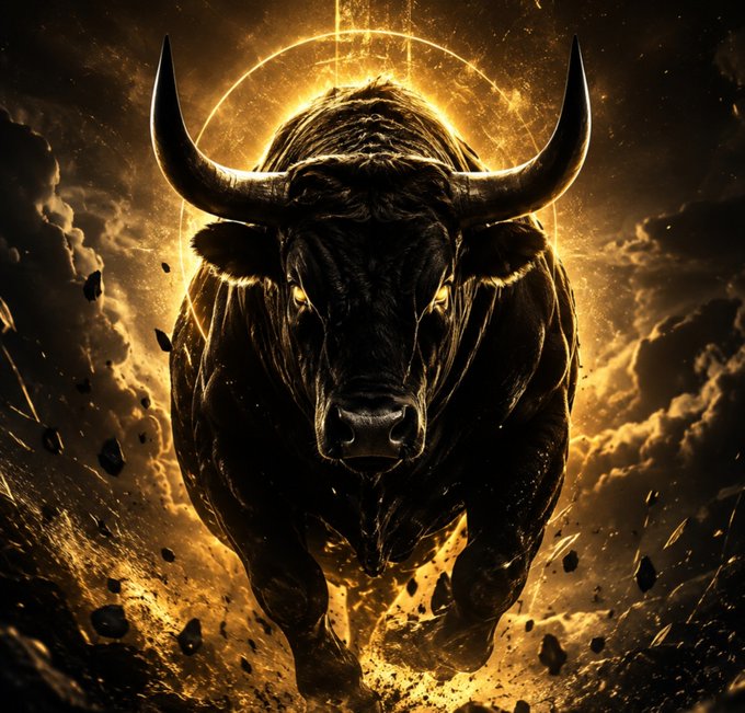 A dramatic digital illustration of a charging black bull with glowing eyes, set against a fiery golden sky with a halo-like circle behind it and debris flying around its hooves.