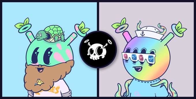 Two cartoon characters flank a central black logo with a white skull: on the left, a pink-and-blue slug-like character with a turtle on its head, and on the right, a rainbow-colored character wearing sunglasses and a sailor hat.