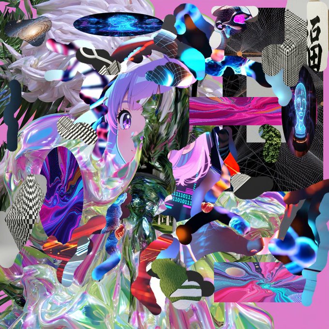 A chaotic digital collage in vibrant pink, purple, and iridescent tones features an anime-style character with purple hair and horns amidst swirling liquid textures, binary code, and geometric patterns. The composition appears to be an artistic tribute or fan creation, tying into the post's message of gratitude toward fellow artists @i_now_like_tez and @mederu_art.