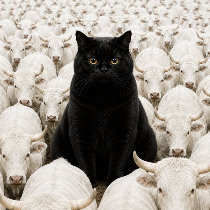 A striking image of a black cat with golden eyes sitting prominently in the center, surrounded by a dense herd of white cattle with horns.