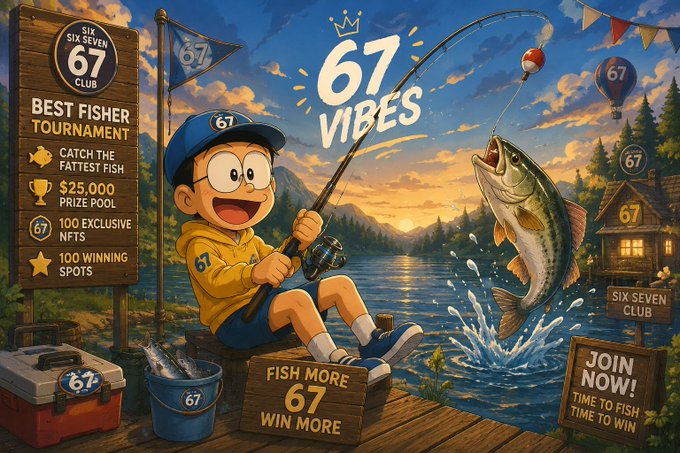 A cartoon boy wearing a "67" cap reels in a giant bass from a lakeside dock, surrounded by promotional signs for the "Six Seven Club Best Fisher Tournament" advertising a $25,000 prize pool, 100 exclusive NFTs, and 100 winning spots. The image promotes the @sixsevenapp fishing tournament, matching the post's call to action to join the competition and "catch the fattest fish."