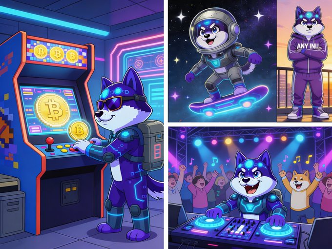 The image features a collage of three different scenes, each depicting a dog wearing a futuristic outfit and engaging with various elements related to Bitcoin. The first scene shows a dog standing next to an arcade game that has a Bitcoin symbol on its screen. The second scene depicts a dog riding a skateboard while wearing a futuristic helmet and goggles. The third scene features the same dog interacting with a DJ, who is also dressed in futuristic attire. These scenes are all connected by the common theme of futuristic elements related to Bitcoin.
