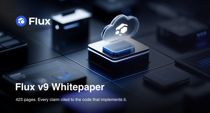 A dark, futuristic graphic featuring the Flux logo atop a glowing cloud icon above a digital grid of devices, promoting the "Flux v9 Whitepaper" with text noting it spans 423 pages where every claim is cited to its implementing source code, visually reinforcing the post's emphasis on verifiable, code-backed technical documentation.
