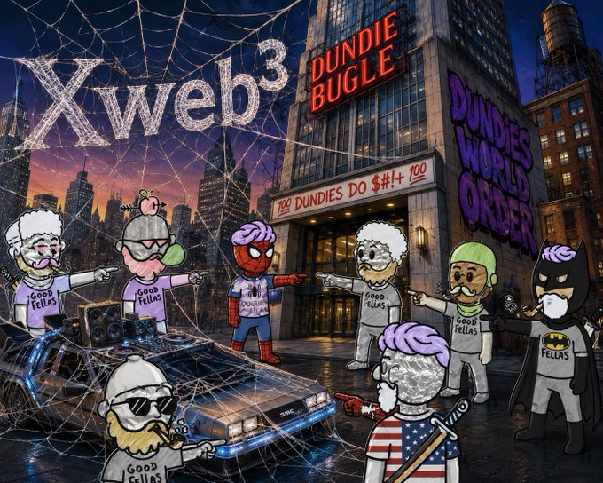 A cartoon-style parody illustration showing characters labeled 'Good Fellas' pointing guns at a central figure in a web-covered city, with signage reading 'Xweb3', 'DUNDIE BUGLE', and 'DUNDIES WORLD ORDER'.